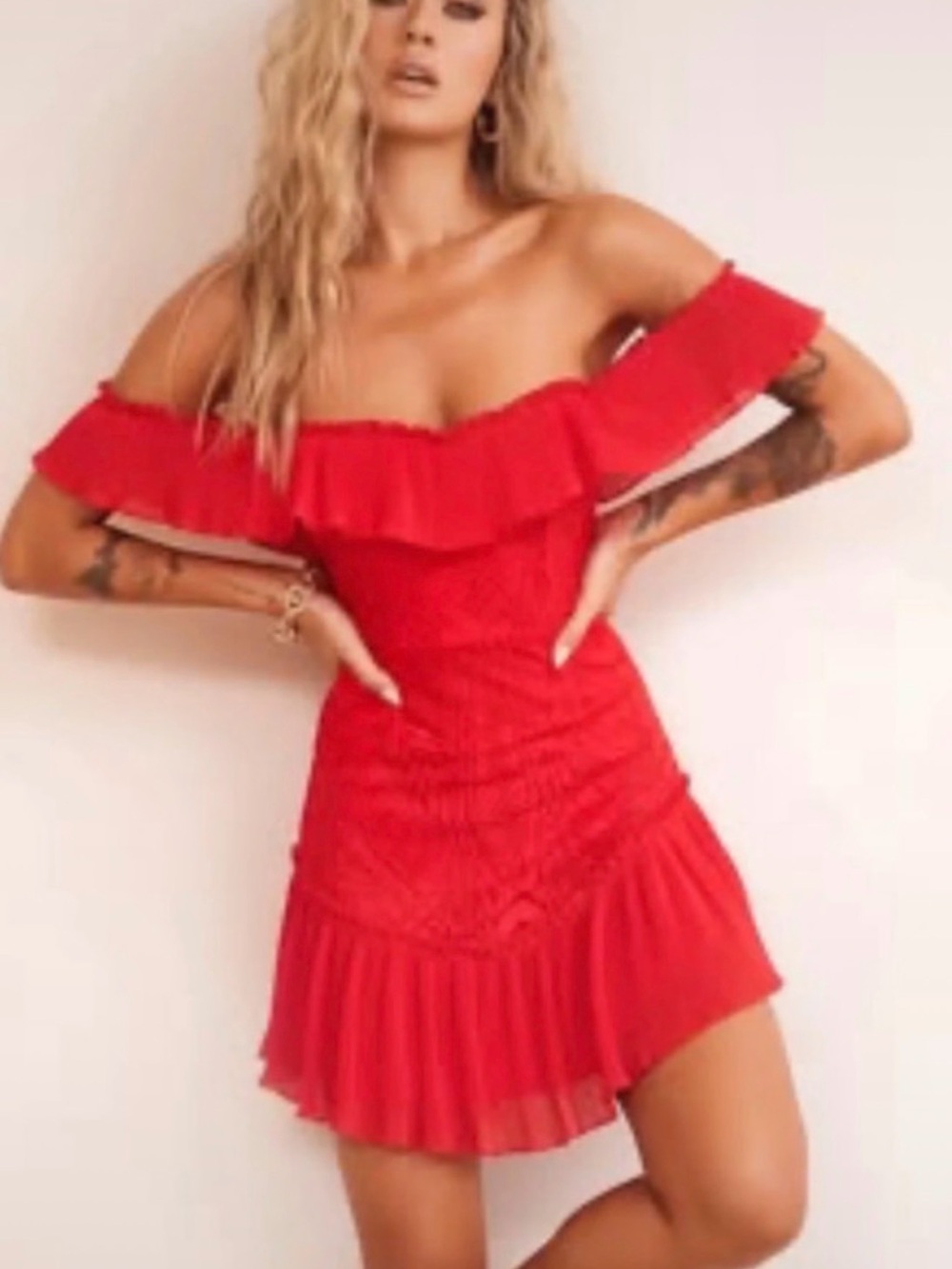 One-Shoulder Red Ruffle Mini Dress